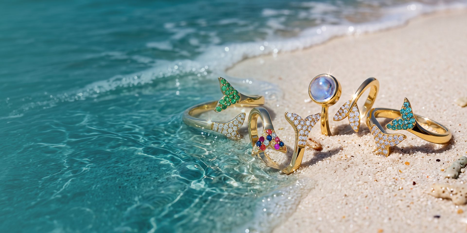 Gold gemstone rings on the shoreline