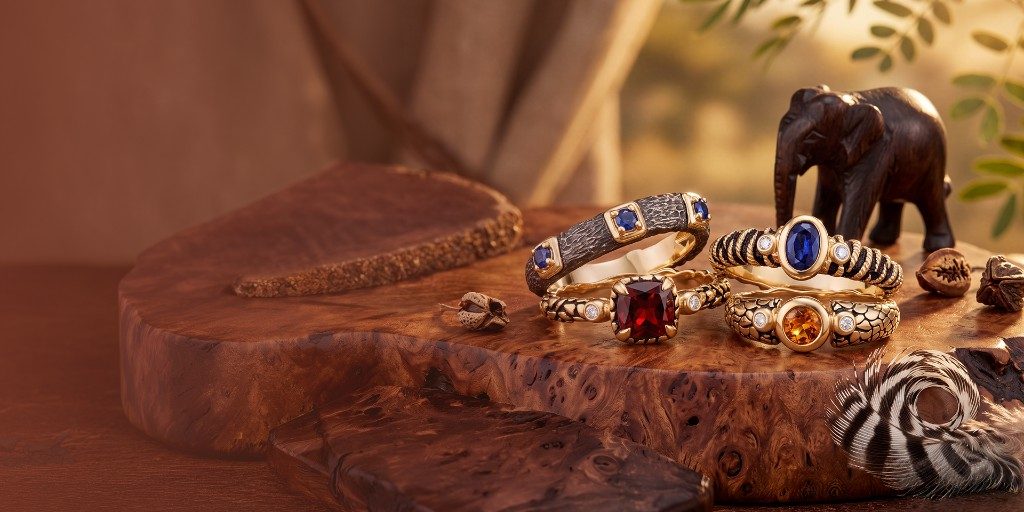Safari Collection rings on polished wood