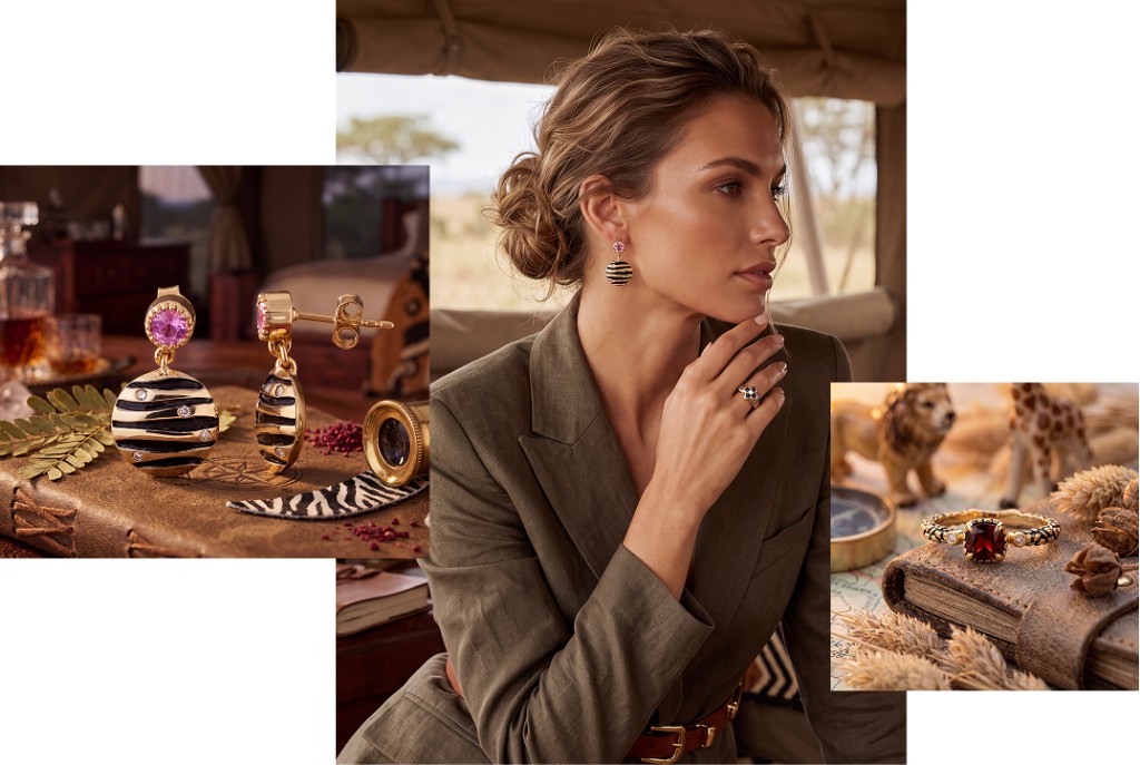 Safari Collection collage with model, zebra earrings, and gemstone ring