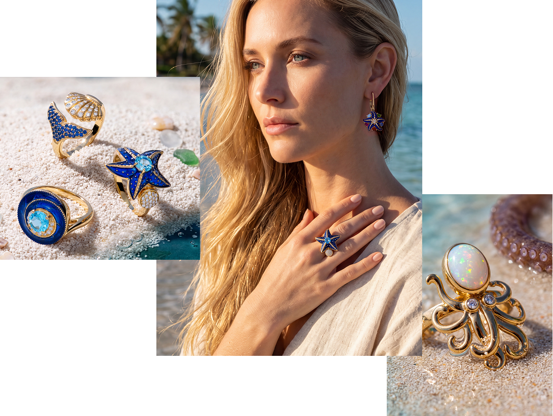 Sealife Collection jewelry collage with starfish and octopus rings