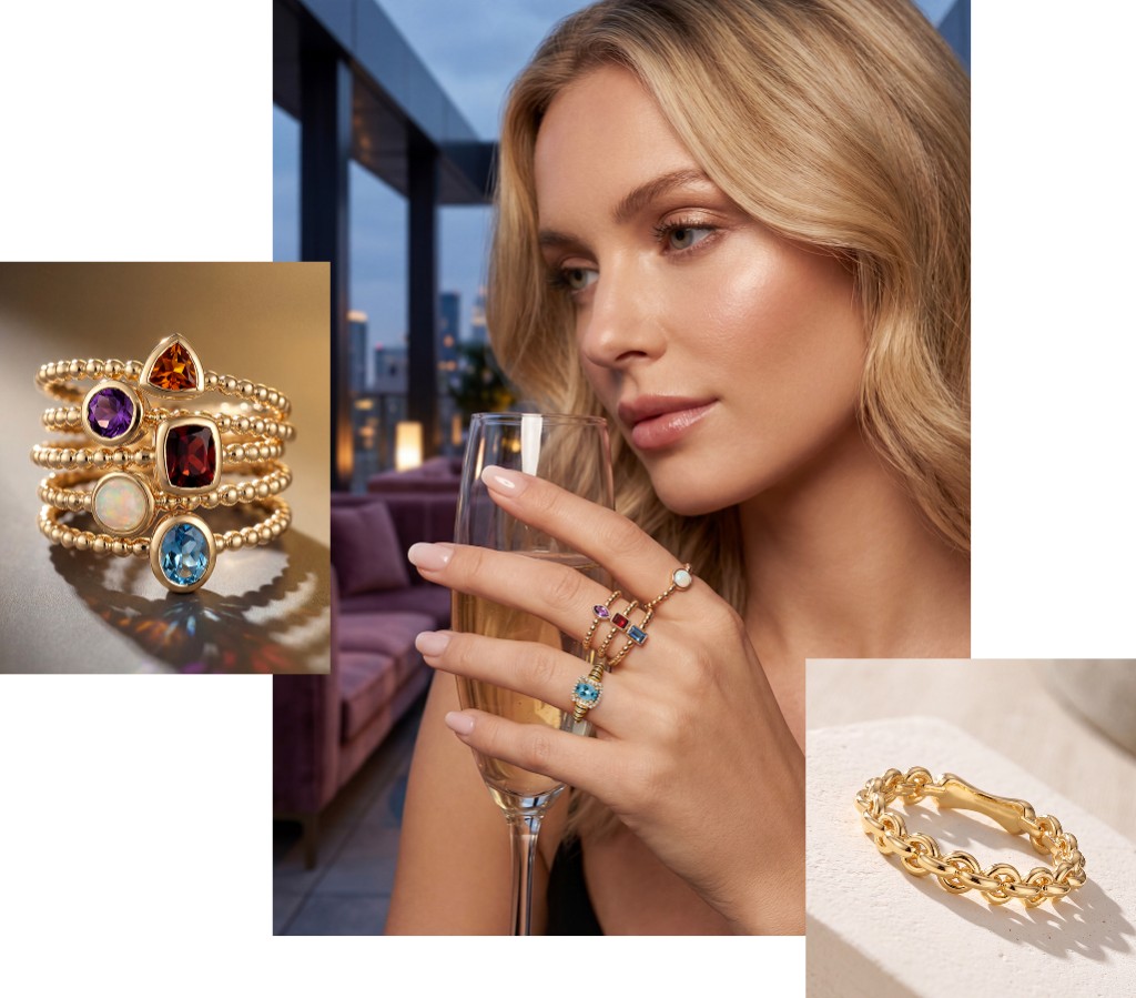 Texture Collection collage with beaded rings and chain-link ring